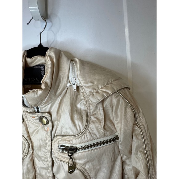 Womens Cream Metallic Hooded Jacket Zip Pockets Moto Style Size M L1.2 - Picture 3 of 10